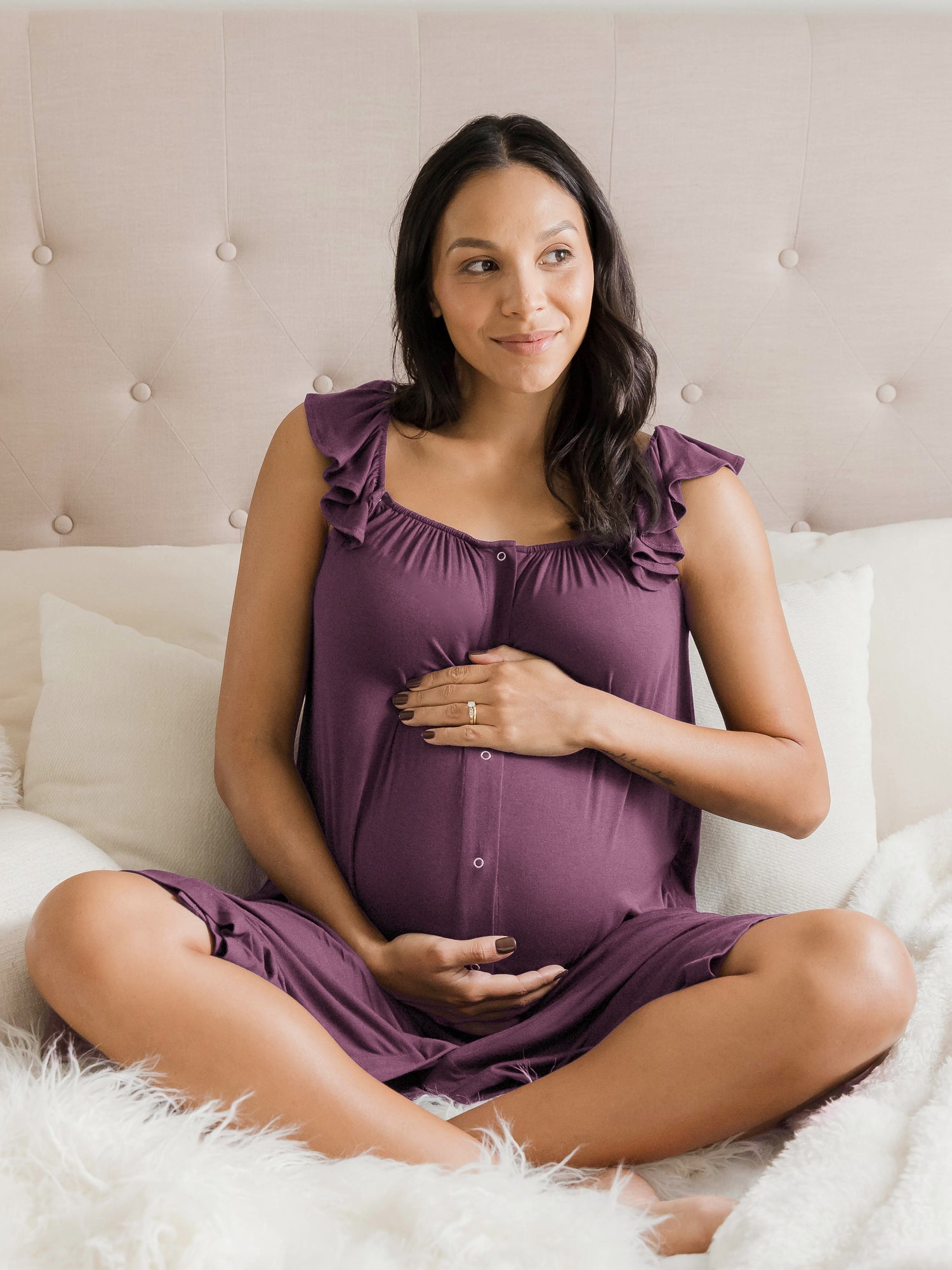 Ruffle Strap Labor & Delivery Gown | Burgundy Plum