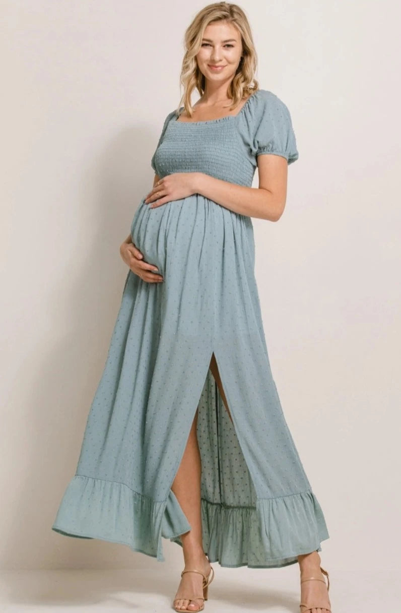 Smocked Swiss Dot Maternity Slit Maxi Dress