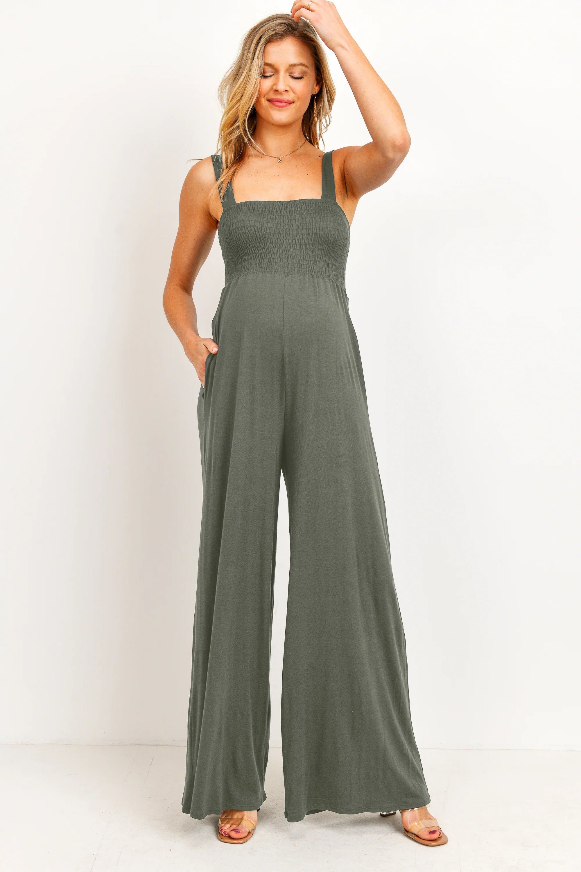 Smocked Square Neck Maternity Wide Leg Jumpsuit