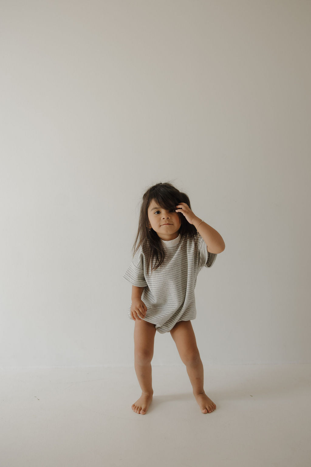 Terry T-Shirt Romper | Grey Stripe