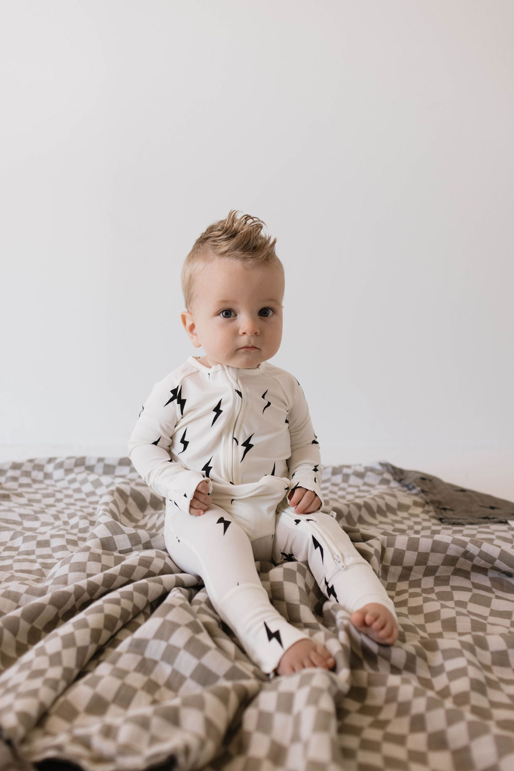 Bamboo Zip Pajamas | White & Black Lightning Bolt