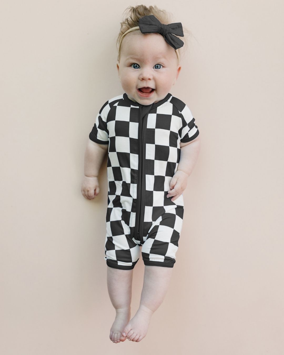 Bamboo Shorty Romper | Black Checkered