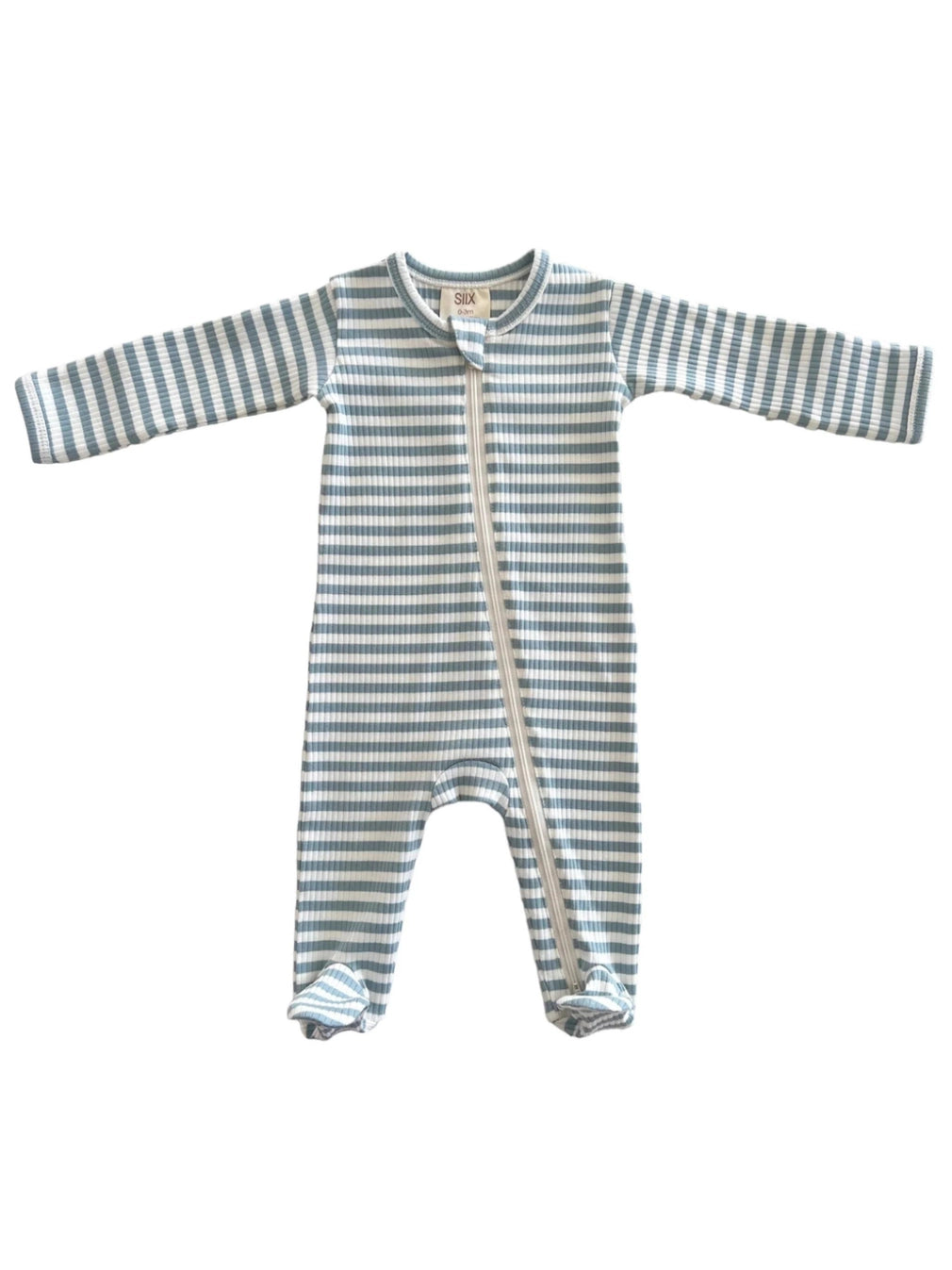 Dusty Blue Stripe / Organic Ribbed Zip Footie