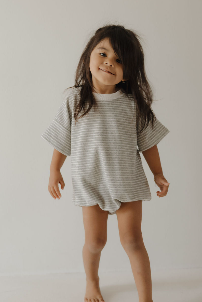 Terry T-Shirt Romper | Grey Stripe