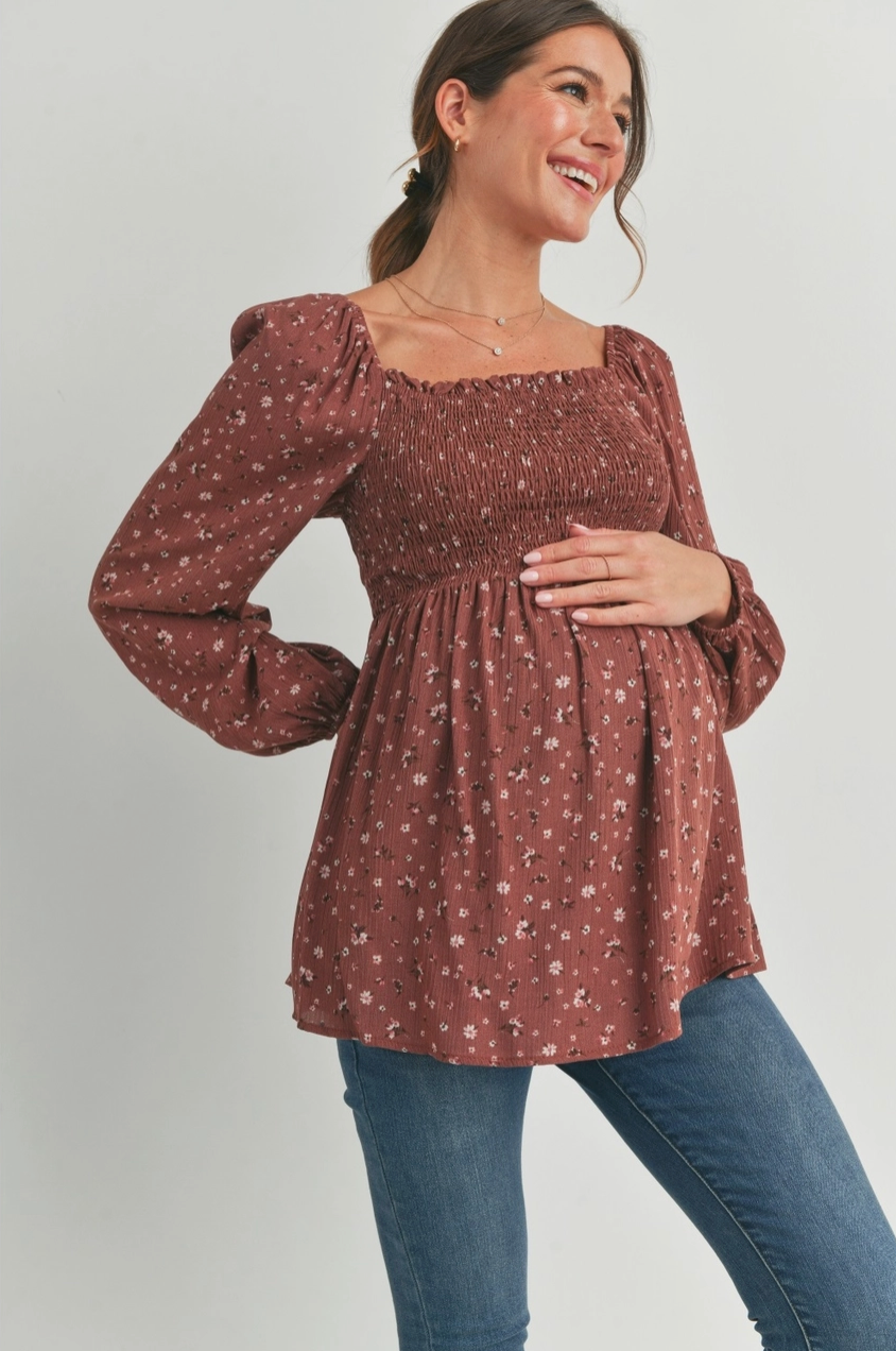 Floral Print Smocked Maternity Blouse