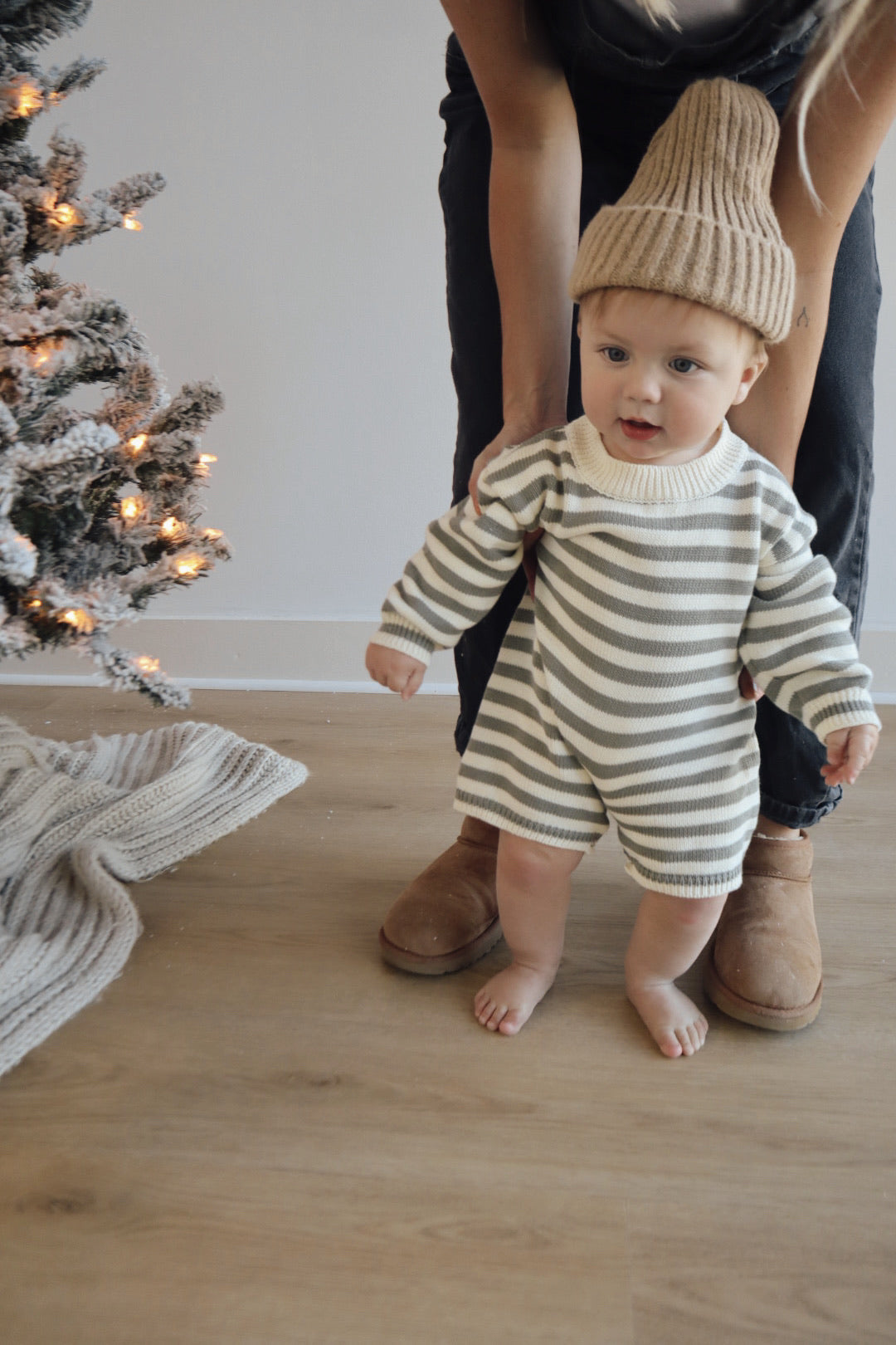 Wallis Knit Romper in Greyish Green Stripes