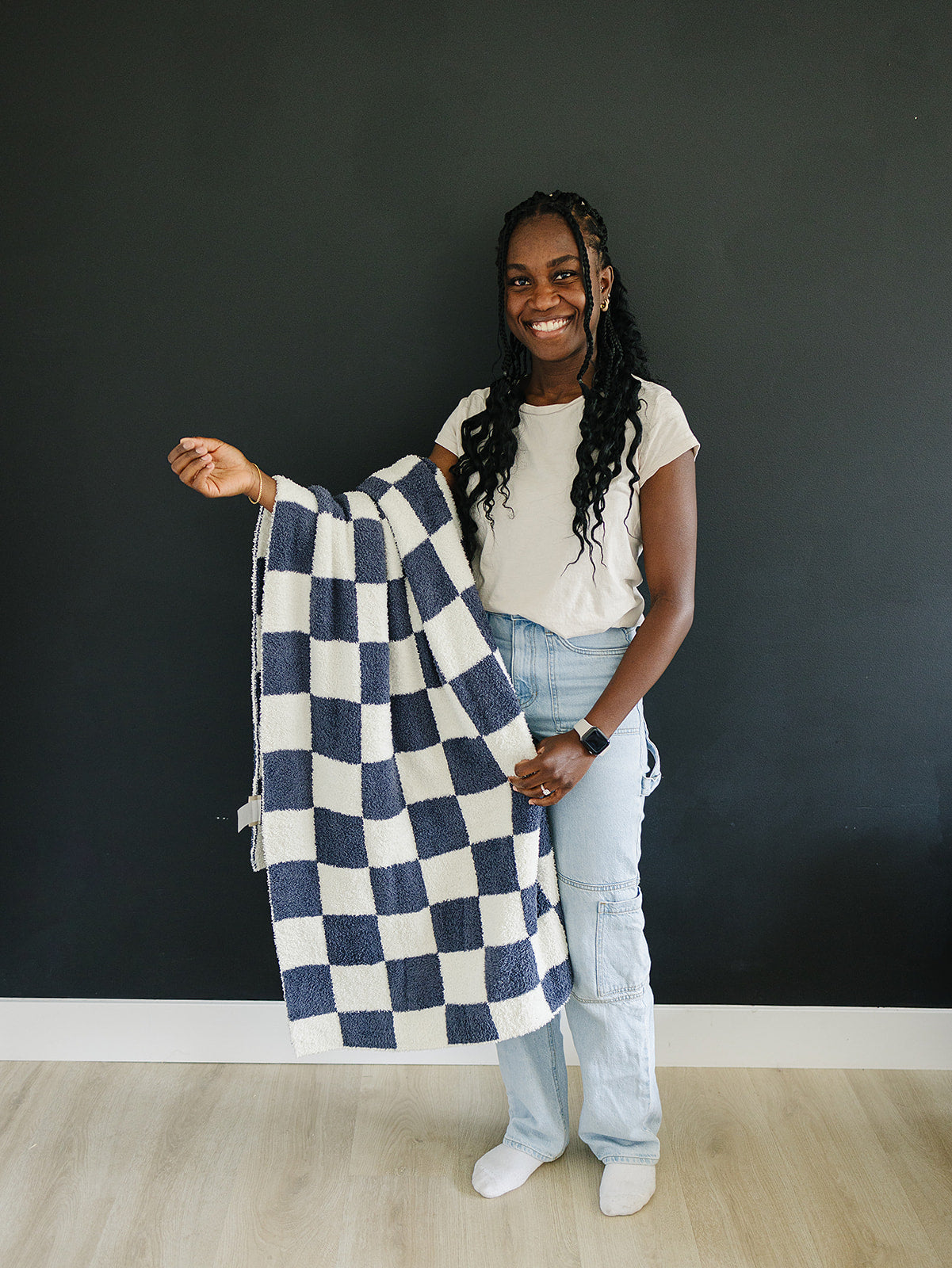 Navy Checkered Plush Blanket