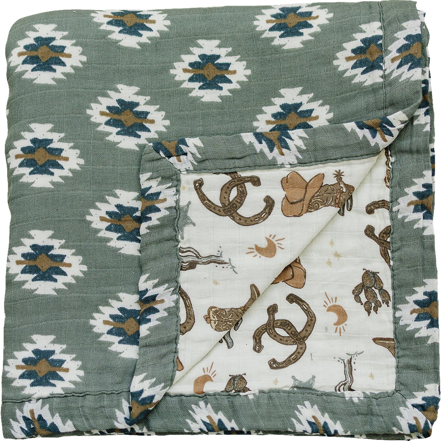 Southwest Aztec Outlaw Cowboy Muslin Quilt with cozy patterns for a stylish nursery or bedroom.