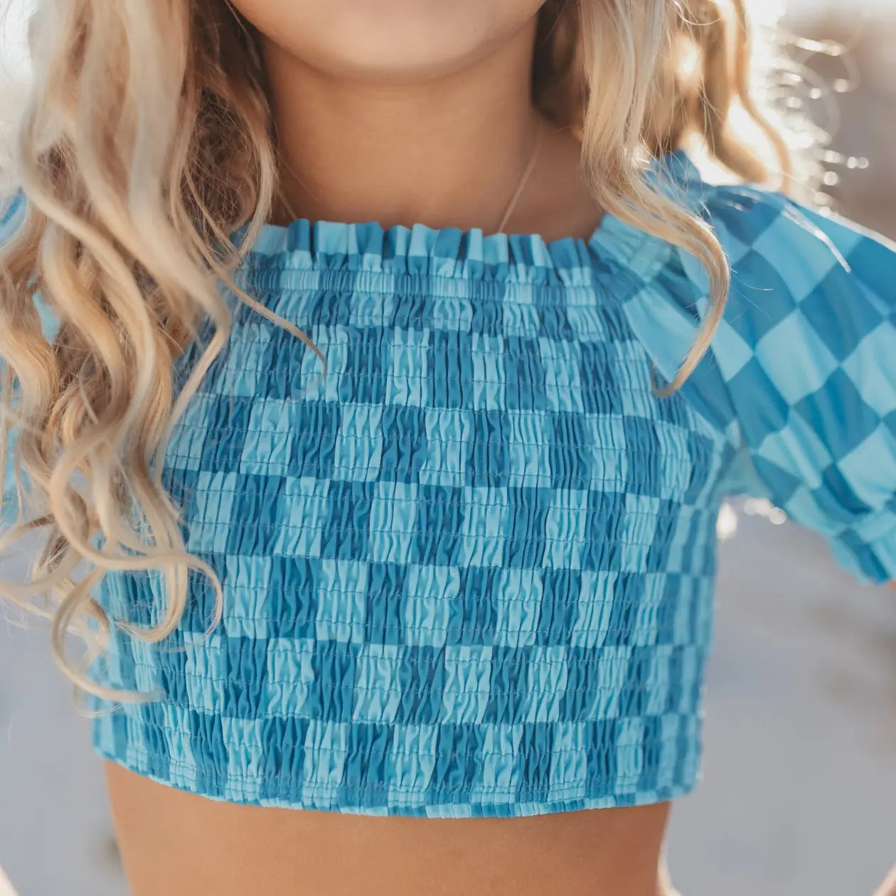 Kids Turquoise & Blue Check Ruched 2 Piece Swimsuit