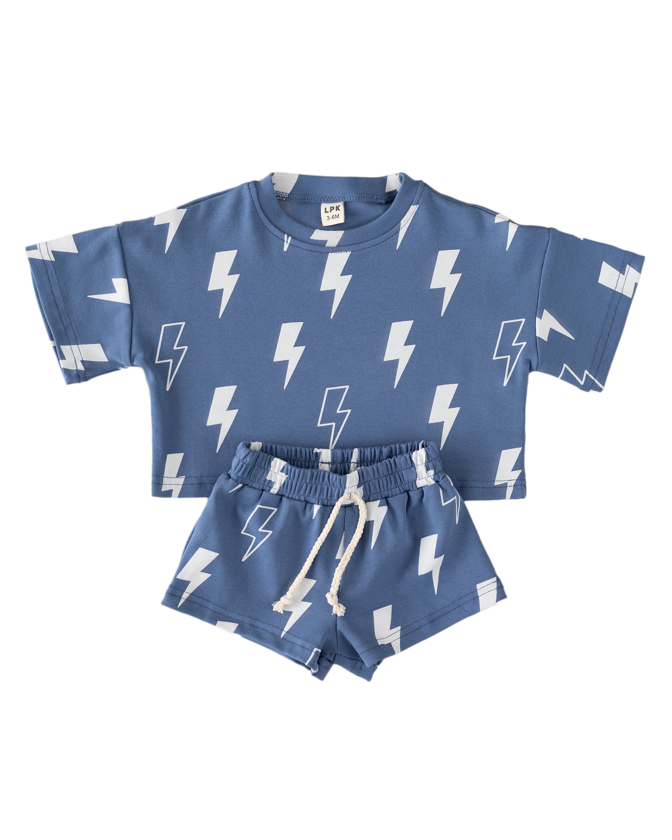 Blue bolt shorts set featuring oversized tee and matching shorts, perfect for kids' warm weather adventures.