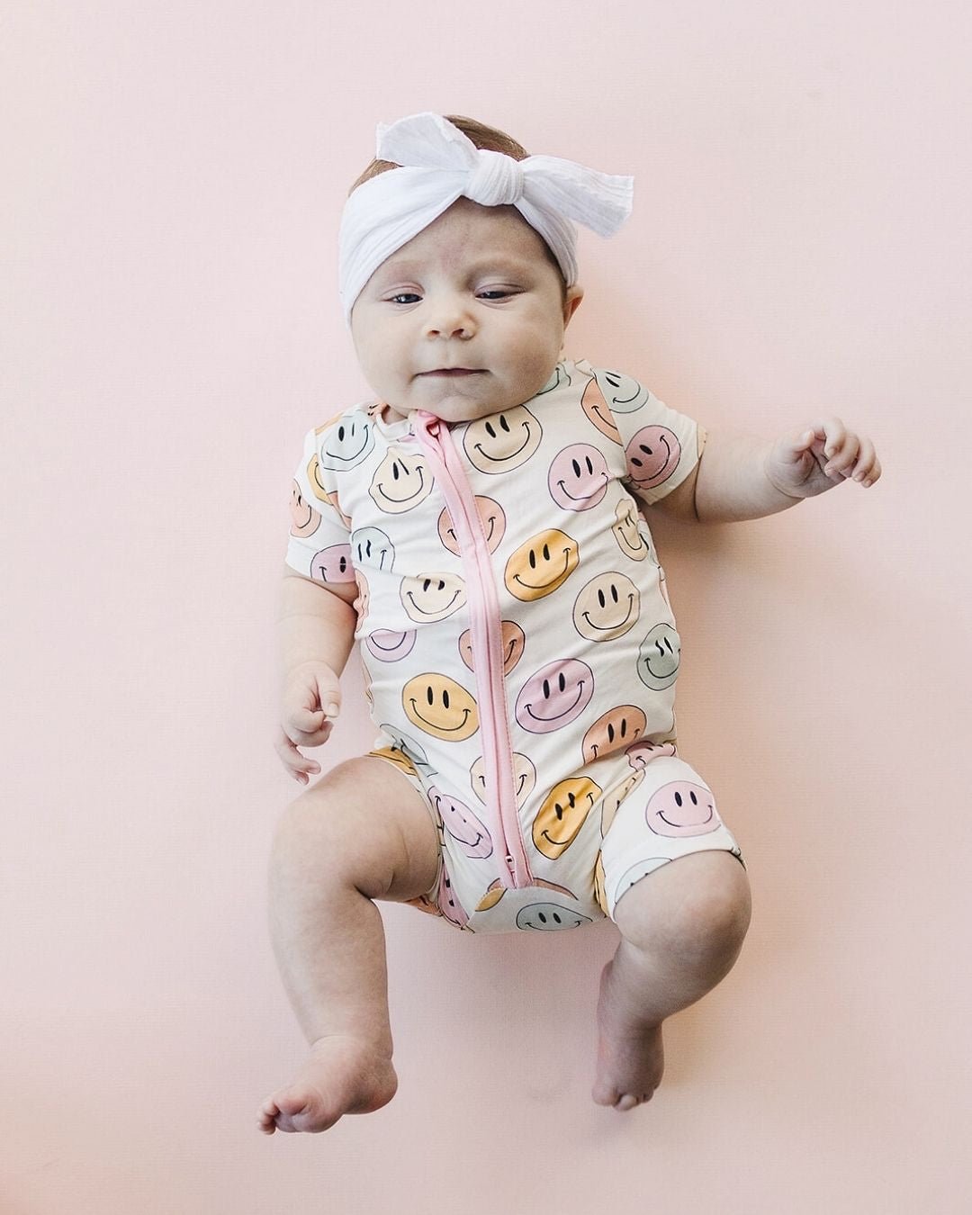 Smiley Bamboo Short Romper | Pink