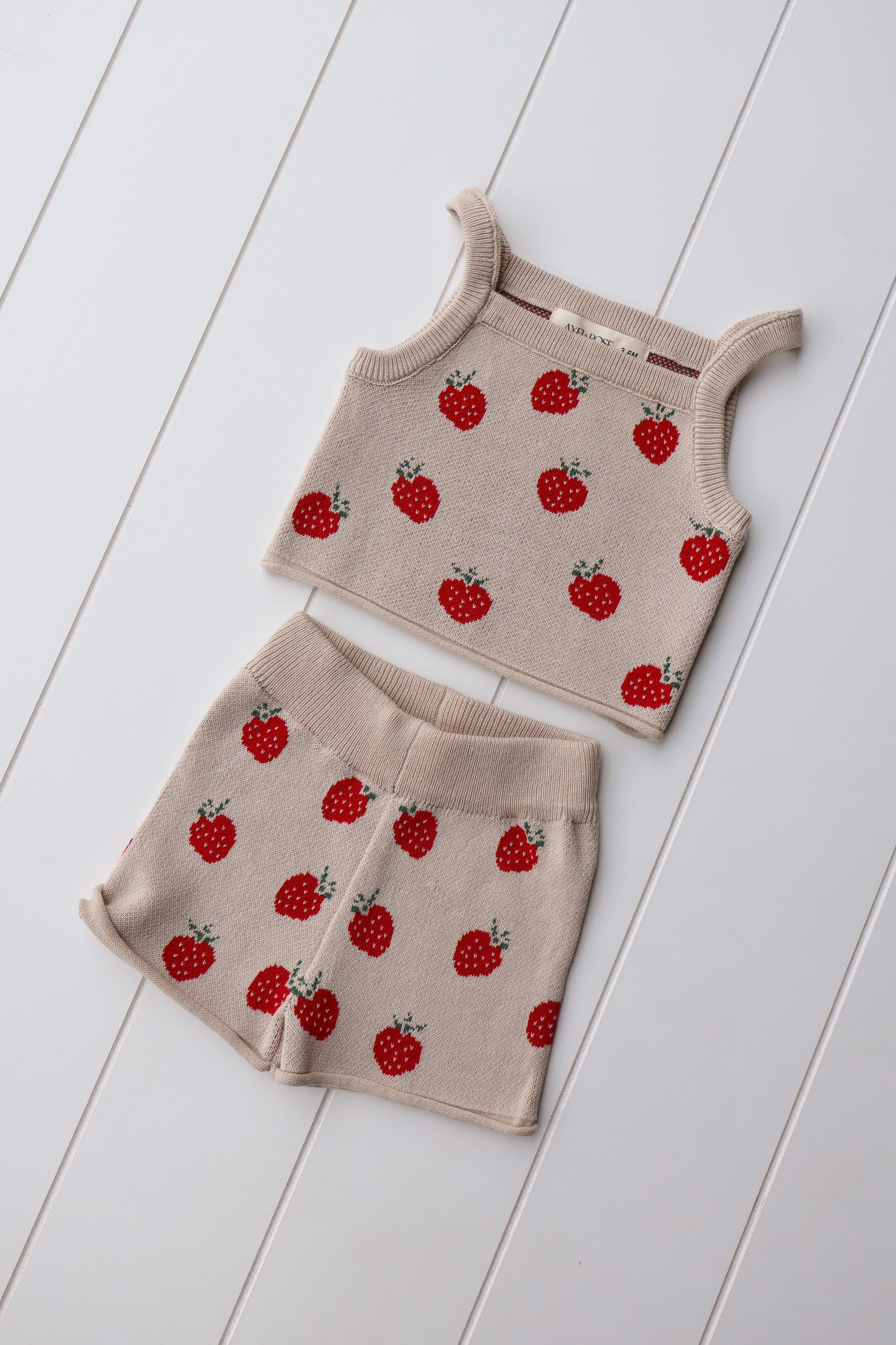 Spring Knit Strawberry Two-Piece Set for babies, featuring a cute strawberry design in soft cotton-blend fabric.